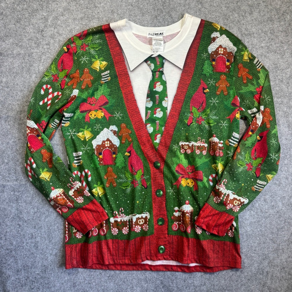 Faux Real Ugly Christmas Sweater Shirt Mens Large Cardigan Santa Tie Gingerbread